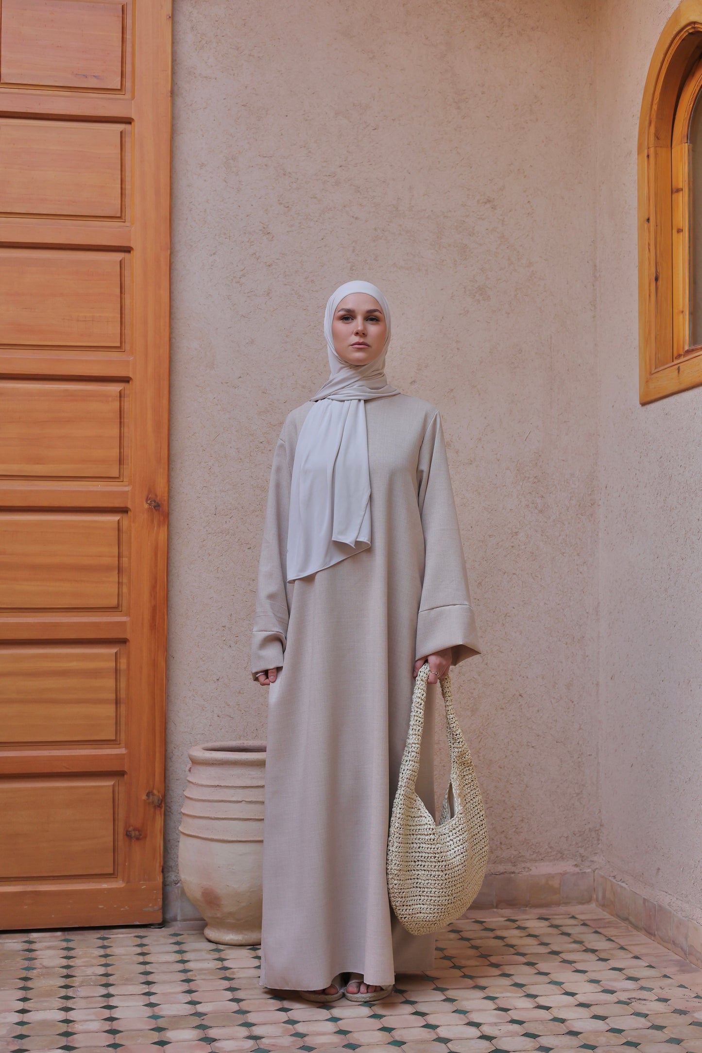Abaya basique aspect lin SABLE