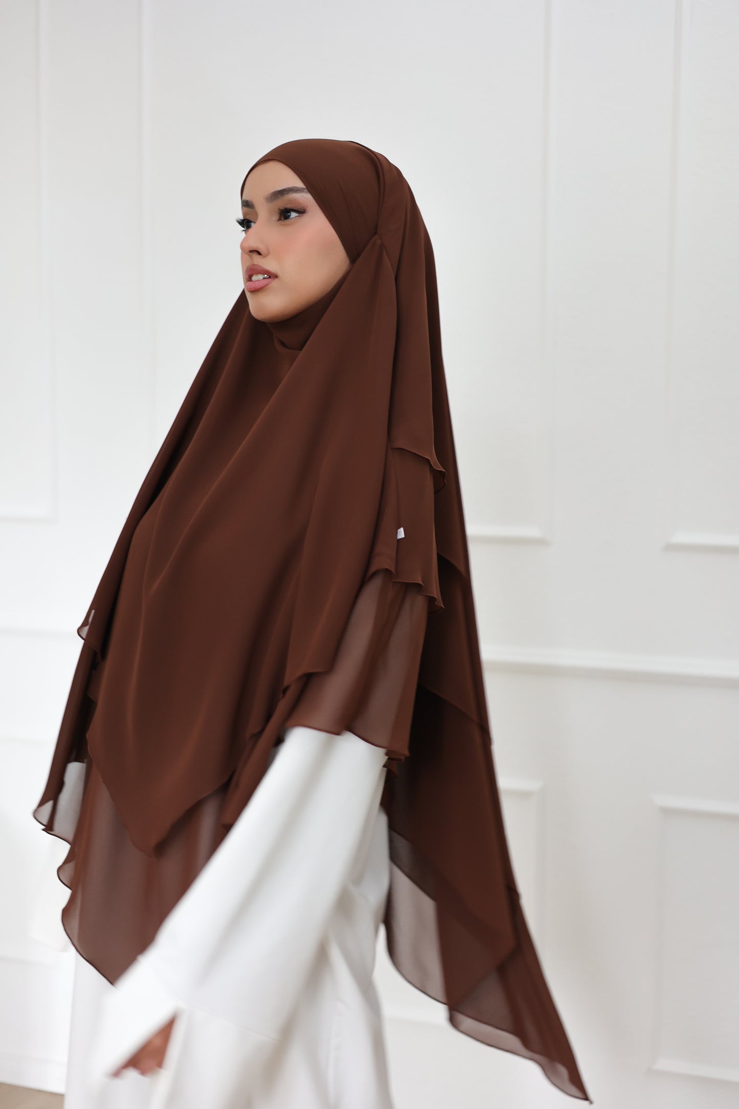 Three-layer chiffon Khimar HAZELNUT
